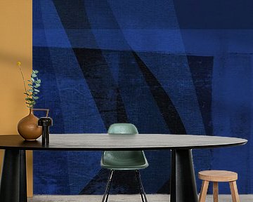 Abstrakte Formen auf Leinen in Schwarz und Neonblau.