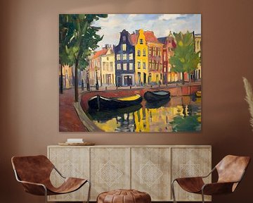 Amsterdam canals: Colourful cityscape with boats and historic houses by But First Framing