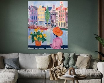 Colourful Amsterdam: Painting of canals with flowers and a woman in mind