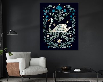 Folk art swan - blue and teal by Angela Minca