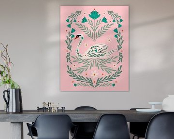 Folk art swan - pink and green by Angela Minca