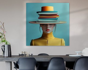 The Weight Of Knowledge | de kennisdrager, intelligentie en verfijning | een jonge vrouw draagt een hoed van boeken op een tijdloze elegante manier van Sander van der Torren