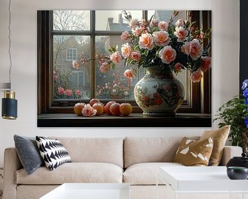 schilderachtig stilleven met bloemen voor het raam van Egon Zitter