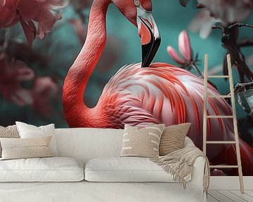 Flamingo tussen Bloesems in Dromerig Licht van Eva Lee