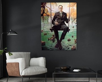 Surrealistische man in pak op schommel over water van gm_designs