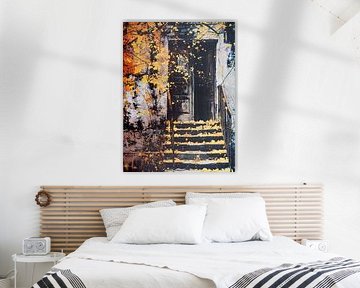 oud huis buiten trap trappen herfst bladeren open deur