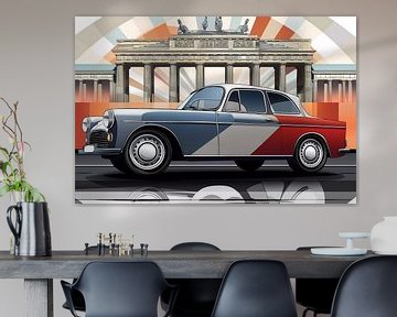 A retro car on a city street with trees of a boulevard. by Ariadna de Raadt-Goldberg