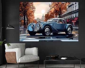 A retro car on a city street with trees of a boulevard.  by Ariadna de Raadt-Goldberg