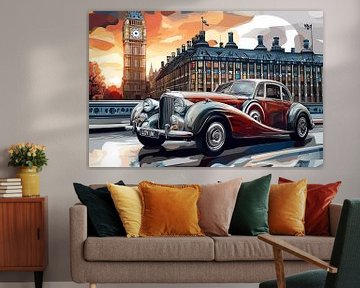 A retro car on a city street with trees of a boulevard. by Ariadna de Raadt-Goldberg