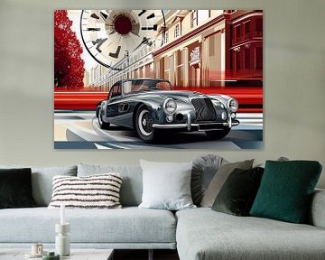 A retro car on a city street with trees of a boulevard. by Ariadna de Raadt-Goldberg