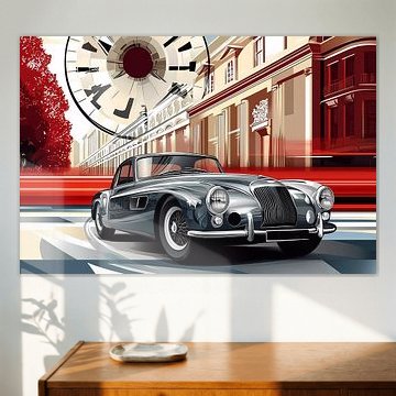 Ein Retro-Auto auf einer Stadtstraße mit Bäumen eines Boulevards.