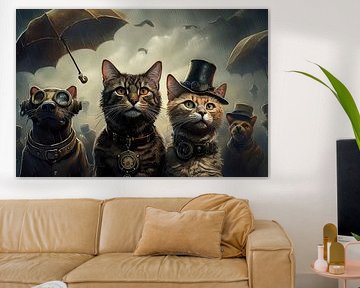 Steampunk kunstwerk met katten en honden in slecht weer van Patricia Hofmeester