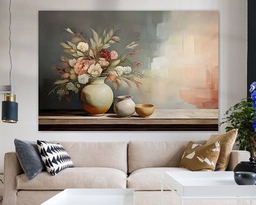 Sfeervol Stilleven schilderij: Bloemen op aardewerk vaas van Studio Pieternel