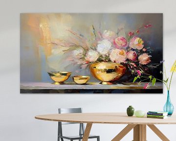Stilleven schilderij: Pioenrozen op gouden vaas van Studio Pieternel