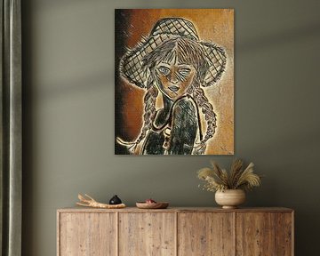 Girl with straw hat and braids ( drawing )
