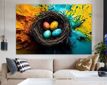 Colourful bird's nest with eggs