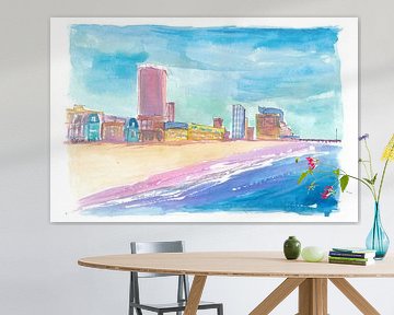 Golden Shores van Atlantic City - strandpromenade en skyline gloed