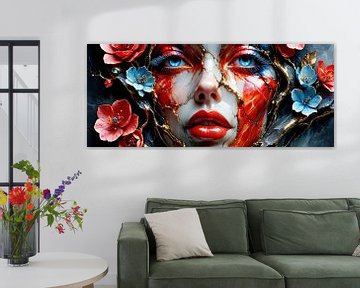 Het gezicht van een vrouw alsof ze gemaakt is van marmer met gouden aderen - een doordringende blik vanuit blauwe diepten, omlijst door gloeiende bloemen en gehuld in de mystiek van de nacht van AidasignArt