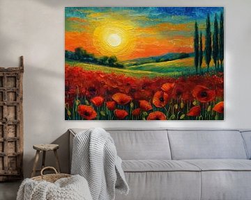 Ochtendzon in Toscane met rode klaprozen van MIROKKU