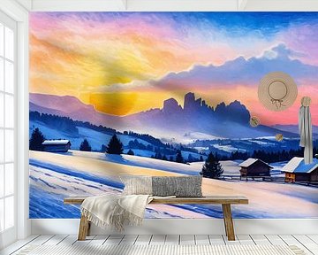 Besneeuwde Alpe Di Siusi na zonsopgang