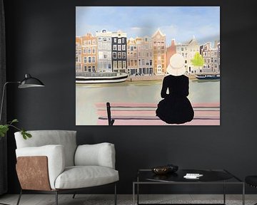 Amsterdam Dream - Woman with Hat Admires Canal House, Netherlands