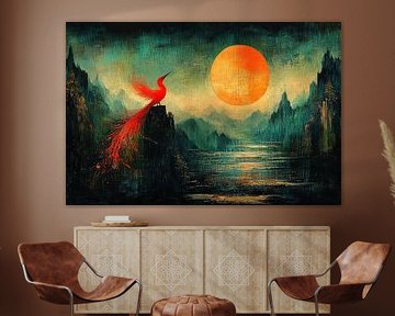 spirituelle Malerei Vogel und aufgehende Sonne