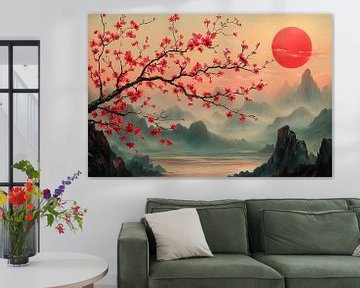 spirituele schilderkunst japans landschap met rijzende zon van Egon Zitter