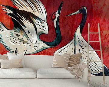 Japan Kraniche Vintage bei Sonnenuntergang