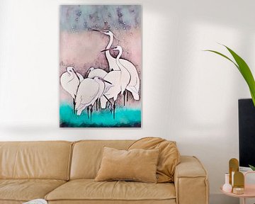 Vintage Japanese cranes by the bath by Mad Dog Art