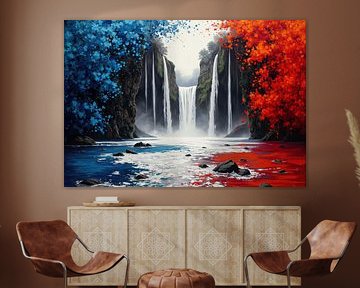 Scène met waterval, verdeeld zwembad en esdoornbladeren van Markus Gann