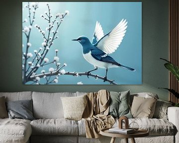 Blauw-witte vogel op bloeiende tak van Markus Gann
