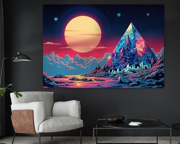 Digitaal kunstwerk: Piramide berglandschap met hemelse elfen