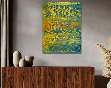 Abstract olieverf schilderij, natuur, minimalisme,  geel, groen, blauw en oranje van BowiScapes abstract en digitale kunst