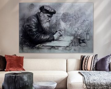 Tekening, gedetailleerd portret van Mercator,  monochroom, Grijstinten, Zwart van Peter Pen tekeningen en schilderijen