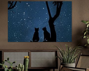 Cats together on a branch at night looking at stars by Patricia Hofmeester