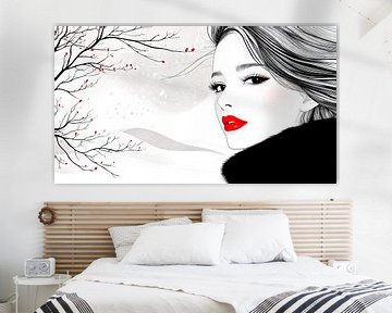 Elegante vrouw met rode lippenstift in de winterwind van Frank Heinz