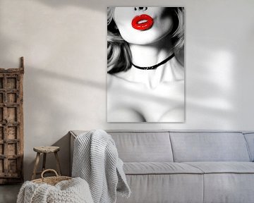 Vrouw met rode lippenstift en zwarte choker van Frank Heinz