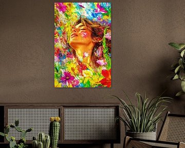Model with closed eyes and colourful splashes of paint by Frank Heinz