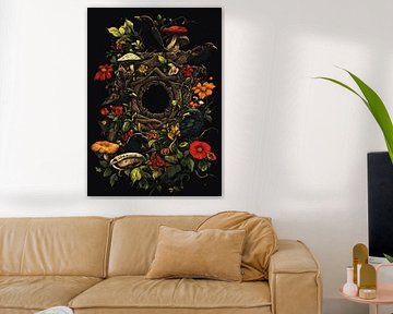 Couronne mystique de branches avec corbeaux et champignons