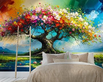 Magische levensboom - kleurrijke symfonie van bloesems bij het glinsterende bosmeer van AidasignArt