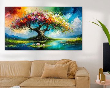 Magical tree of life - colourful symphony of blossoms by the glittering forest lake by AidasignArt
