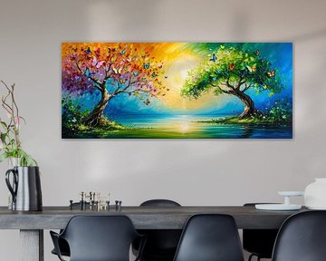 Enchanting sunrise at the forest lake - Dancing butterflies frame two majestic trees in a blaze of colour and green leaves, while the golden morning light is gently reflected in the still water by AidasignArt