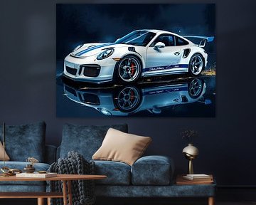 The Porsche 911 GT3 RS White and Blue Stripes Reflection by MIROKKU