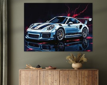 The Porsche 911 GT3 RS White and Black Stripes Reflection by MIROKKU
