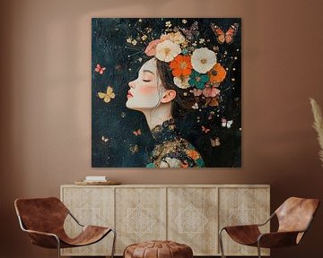 Bloemen Vrouw | Dromerige Vrouw met Bloemen van Blikvanger Schilderijen