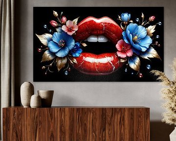 De verleidelijke schoonheid van een vrouw - glanzend rode lippen met zilveren barstjes, omlijst door bloeiende hibiscusbloemen en fonkelende edelstenen op een diepzwarte achtergrond