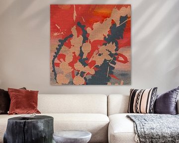 Kleurrijk wandkleed. Blauwe varens op rood. van Dina Dankers
