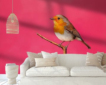 Robin bird on a branch pink by TheXclusive Art