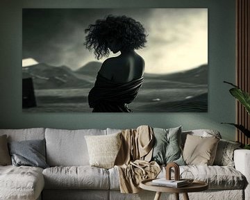 Vrouw in het zwart in een melancholisch landschap van Frank Heinz