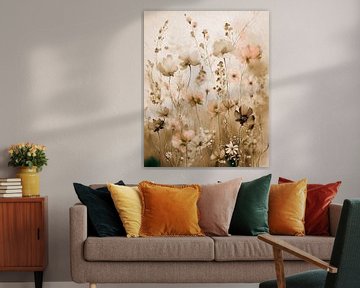 Wilde Bloemenveld in sepia met zalmroze van Studio Pieternel